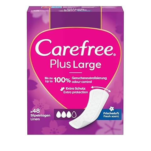 Carefree Plus Large Fresh 48 szt. Wkładki higieniczne o świeżym zapachy. Szersze niż standardowe, Z super chłonnym wkładem z zapewniają długotrwałą ochronę przed wilgocią i nieprzyjemnym zapachem.