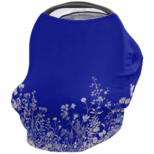 Nursing Cover for Breastfeeding Scarf, Plants Wildflowers Florals Blue Baby Car Covers Super Soft Multi Use for Canopy Shopping Cart Cover Blanket Stroller Cover