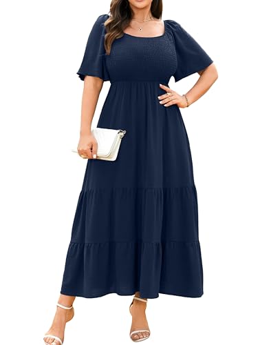RWJ Plus Size Dresses for Curvy Women Womens Navy Blue Wedding Guest Dress Summer Short Sleeve Square Neck Smocked High Waist Cocktail Party Flowy Maxi Dresses 3XL