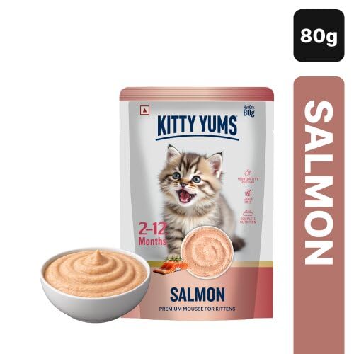 Image of Kitty Yums Wet Kitten Food Mousse Variety Pack | Salmon, Ocean Fish, Tuna & Chicken | 80g x 3 Each | Pack of 12 | Mousse for Kittens