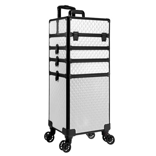 Image of 5 in 1 Rolling Makeup Train Case on Wheels Large Cosmetic Organizer Travel Cart for Women Beauty Salon Barber Hairstylist White