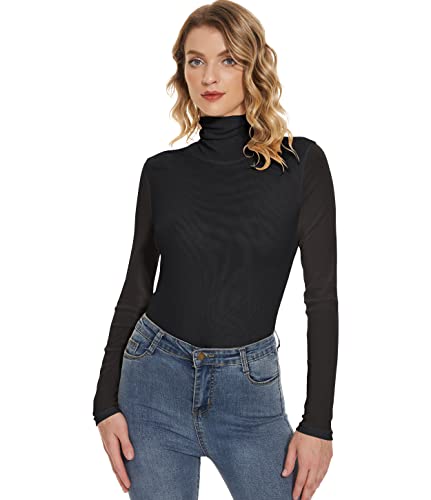 Women's Turtleneck Top Long Sleeve Slim Fit Shirts Mesh Sheer See Through Casual Top4