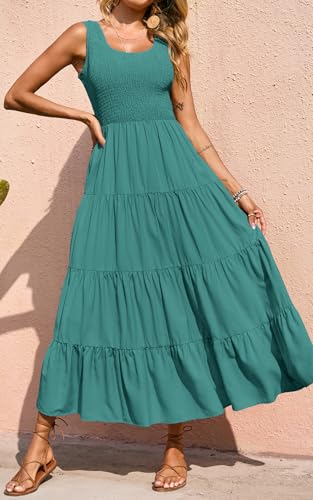 Image of PRETTYGARDEN Women's 2026 Casual Loose Plain Maxi Sundress Smocked Tank Dress Sleeveless Summer Beach Tiered Long Dresses