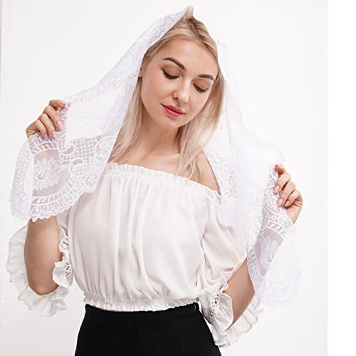 Spanish Mantilla Triangular Mantilla Lace Head Covering Mass Catholic Church Veil (White), 120cmx60cm