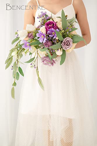 Bencentre 12" Purple Wedding Bouquet Fabric Austin Rose Mix Artificial Flowers, Cascading Bridal Bouquet For Wedding Ceremony Anniversary, Bridal Shower, Party And French Rustic Vintage Wedding #TOP4