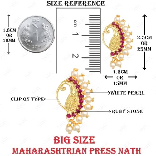 VAMA These Marathi Maharashtrian Nath Gold Plated Crystal Stone White Pearl Paisley Design Clip on Without Piercing For Women & Girls.