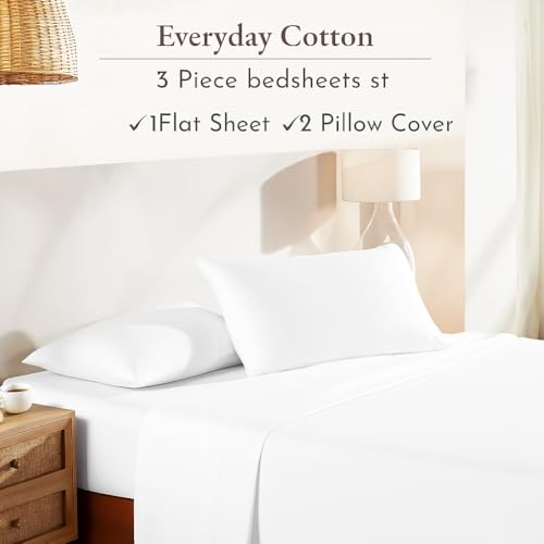 Image of Cotton Bedsheet - White King Size 102 x 108 Inches | Lightweight, Super Soft & Wrinkle-Free Cotton Flat Sheet with 2 Pillow Covers