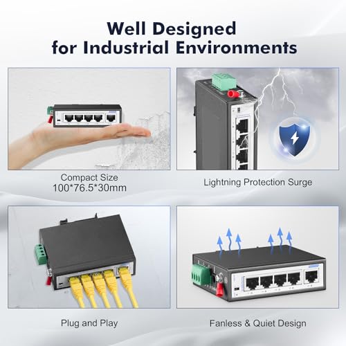 Image of 5 Port Mini PoE+ Industrial Switch, 4 Ports PoE+ and 1 Uplink, 10 /100Mbps Fast Ethernet, Din Rail & Wall Mount, Unmanaged IP30 (-40~185F) Hardened YuLinca Industrial Switch