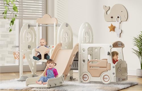 Image of BIERUM Toddler Slide for Toddlers Age 1-3 with Basketball Hoop and Swing, Baby Slide for Kids Ideal Gift, Indoor Outdoor Backyard Playground Beige Coffee