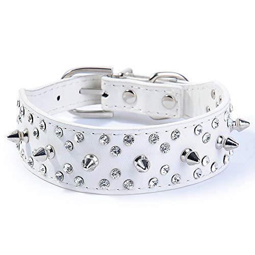 Wellbro Spiked Studded PU Leather Dog Collar, Fashionable and Colorful Dog Training Collar, with Bullet Rivets and Rhinestones, Soft and Adjustable for Medium and Large Pets (M, White)