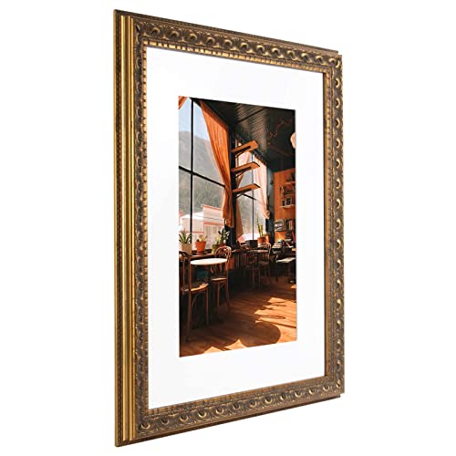 Image of Golden State Art, 12x16 Ornate Bronze Color Frame - White Mat for 8x12 Photo - Complex Molding Design - Wall Mounting - Portrait /Landscape - Tempered Glass