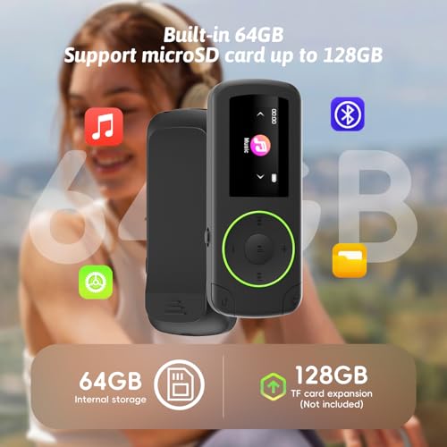 Image of 64GB wiwoo Sport Clip on MP3 Player with Bluetooth- Superlight Mini MP3 Player with Clip and Recorder(No FM), MicroSD Support, Shuffle Playback for Running, Cycling, Hiking, Climbing and Yoga