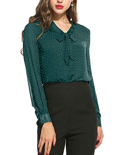 Acevog Tunic Tops For Women Ladies V Neckline Adjustable Tie Neck Basic Work Blouses Green, 3X-Large #TOP15