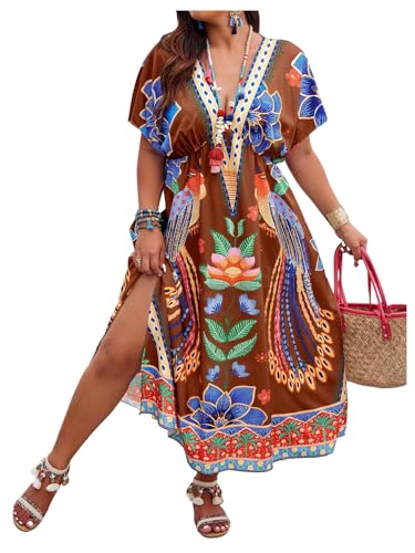 Image of Floerns Women's Plus Size Tribal Print Dolman Sleeve Slit Summer Maxi A Line Dress