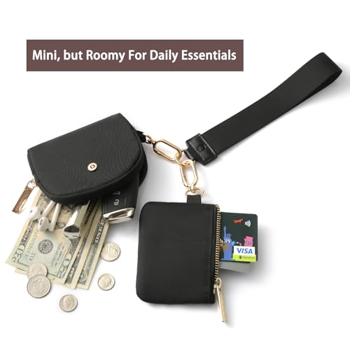 Image of Keychain Wallet Mini Zip Around Wristlet Wallets for Women Detachable Dual Pouch Wristlet Portable Coin Purse Small Wallets With RFID Blocking (Black & Gold Hardware)