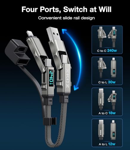 Image of XKCZ Keychain USB C Cable with V /A /W Display, 4 in 1 Charging Cable Combo Type C /USB A /L Port, 240W Fast Charging Short Cable, USB C Keychain Portable Cord for iPhone /iPad /Samsung /Laptop, 8 inches