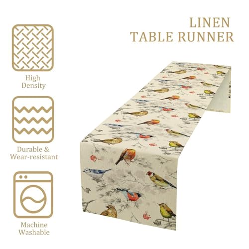 Image of Flower Birds Table Runner Nature Themed Winter Birds on Branches,Watercolor Pine Tree Tabletop Setting Decor for Party Dining Room Kitchen Decoration 13x60 Inch