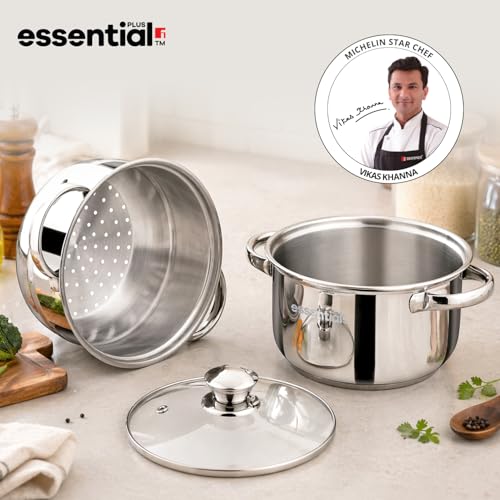 Image of Essential Plus Stainless Steel 2 Tier Steamer (18cm Dia) 2.5L, Multipurpose Pot, Stainless Steel Multi kadai, Even and Fast Heating, For Dhokla, Modak, Patra etc - Induction and Gas Stove Ready