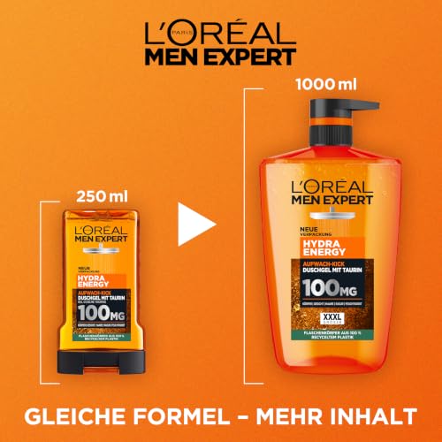 L'Oréal Men Expert Hydra Energy XXXL Shower Gel/Shampoo for Men, Men’s Body Care, Shower/Bath Set for Cleansing Body, Hair and Face, for Long-Lasting Freshness, with Taurine, 1 x 1000 ml - View 6
