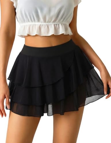 Avidlove Mini Röcke Damen Sexy Minirock mit Kurzen Hosen LayeredRuffle Rock | mit Kurzen Hosen,Mesh Material,Hohe Taille,Hochelastisch,Layered Ruffle ,Strandurlaub,Festival Outfits