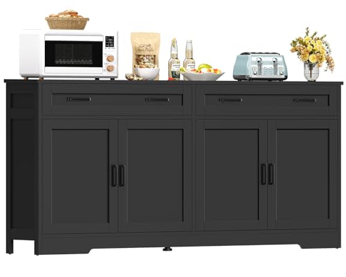 Image of usikey 63" Buffet Cabinet with Storage, Large Sideboard Buffet Cabinet with 2 Adjustable Shelves and 4 Doors, Modern Farmhouse Coffee Bar for Kitchen, Living Room, Black