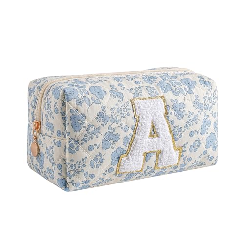 Gleyemor Personalized Initial Makeup Bag for Women, Cute Quilted Blue Floral Cotton Cosmetic Bag, Christmas Gifts for Her Mom Friend Sister Bridesmaid Teacher Women A