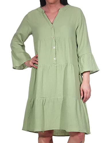 Sublevel Damen Musselin-Kleid LSL-430 Tunika mit 3/4-Ärmeln Light Green M/L