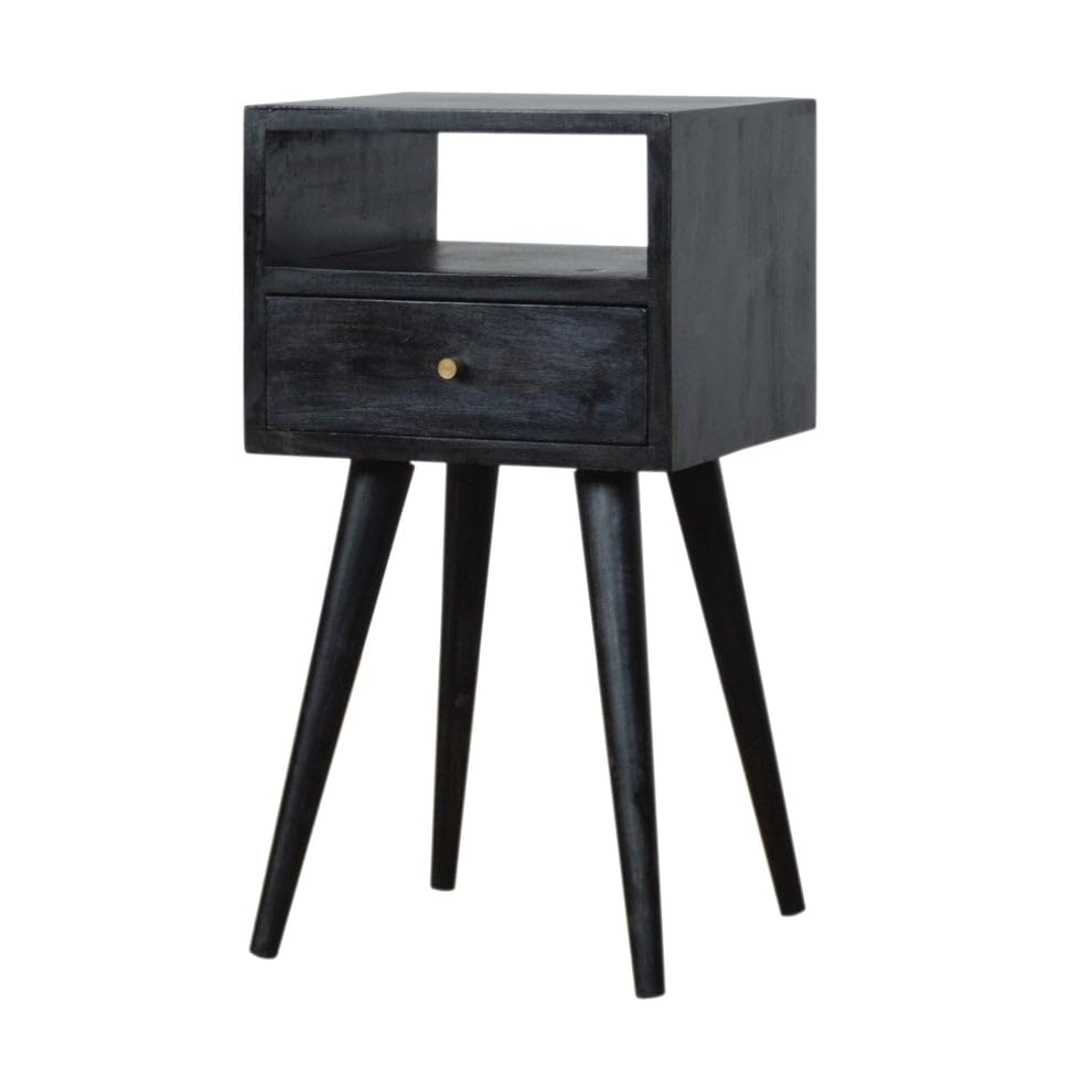 Image of IThree Modern Nightstand with Open Shelf, Single Drawer, Black Wood, Mid-Century Style Legs (Style 1) (Style 2)