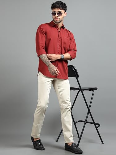 Image of Men Slim Fit Solid Spread Collar Casual Shirt