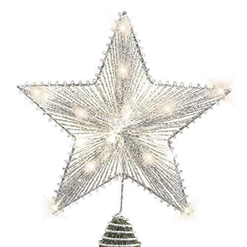 Luxspire Christmas Star Tree Topper, Silver Glitter 3D Star Tree Top with LED Lights for Christmas Tree Decoration and Holiday Seasonal Decor - Silver