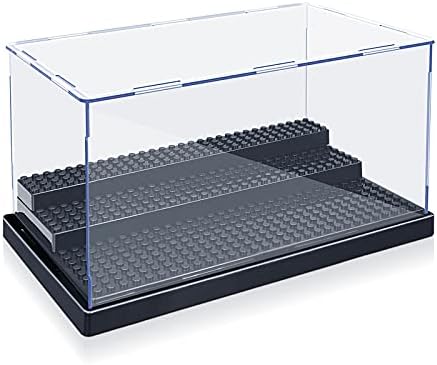 KKU Display Case for Minifigure Action Figures Blocks, Acrylic Minifigure Display Case Box Storage with 3 Movable Steps Gift for Kids Adults (Black)