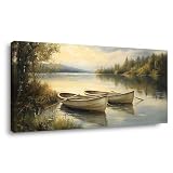 Lake Landscape Canvas Wall Art 40x20 Inch – Tranquil Lake and Boat Painting with Forest Reflection Print, Horizontal Gallery Wrapped Canvas Artwork for Living Room Bedroom Bathroom Home Decor