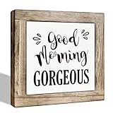 ZPPRJF Bathroom Sign, Wooden Box Sign Plaque, Rustic Wood Table Sign, Funny Toilet Decor for Shelf, Tabletop Decor, Home Decor, Farmhouse Wood Block Sign for Bathroom - Good Morning Gorgeous