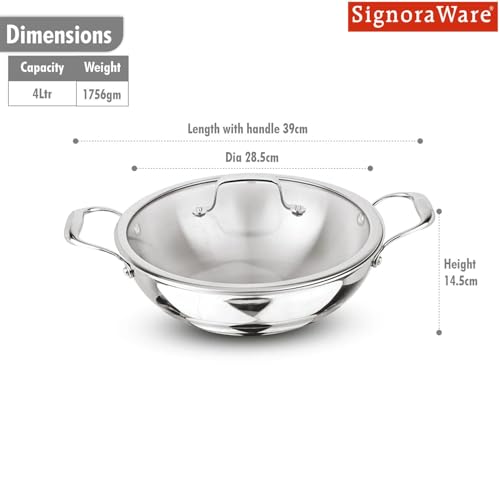 Image of Signoraware Artista Tri Ply Stainless Steel Shallow Kadhai 26cm with Glass Lid | Induction & Gas Compatible | Durable | Ideal for Stir Frying & Sauteing | Best for Curry & Gravies (4 LTR | Steel)