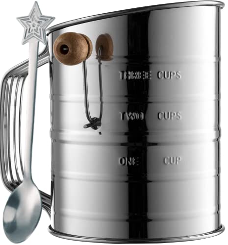 Stainless Steel 3 Cup Flour Sifter For Quick Sifting, 1 Cushion Ring, Crank Plastic Handle, Stamped Measurement, 20 Fine Mesh For Baking Flour, Powered Sugar #TOP16