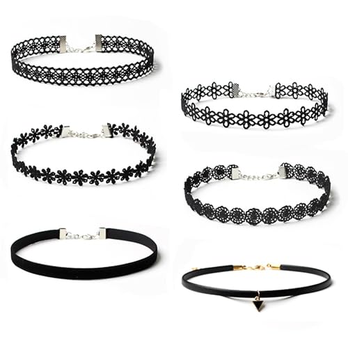 YEEQIN Black Velvet Choker Necklaces Set - Classic Gothic Tattoo Lace Chokers (6PCs)
