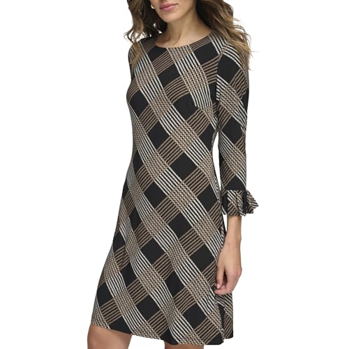 Image of Tommy Hilfiger Women's 3 /4 Ruffle Trim Sleeve Round Neck Jersey Shift Mini Dress