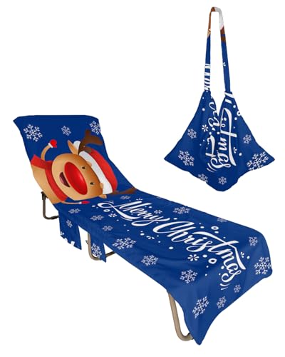 Blue Christmas Elk Beach Lounge Chair Towel Cover, Soft Chaise Lounge Towel with Side Pockets Patio Pool Chairs Cover for Beach/Pool Sunbathing 29x85 Xmas Deer Winter Snowflake