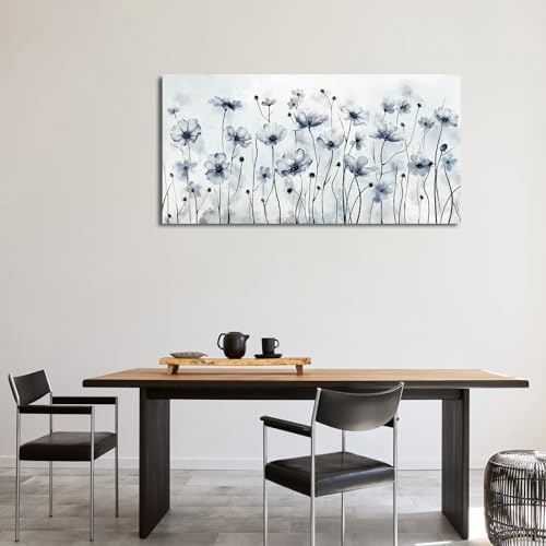 Image of VEAEE Framed Flowers Canvas Wall Art - Indigo Floral Canvas Pictures, Living Room Wall Decor, Botanical Canvas Prints Painting Abstract Artwork Bedroom Office Home Decor 24 inchx 48 inch