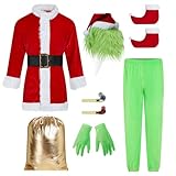 QiaoPkeb 9PCS Adult Cosplay Costume,Green Monster,Christmas Costume Set for Men,Santa Claus Outfit-Including Masks (XL)