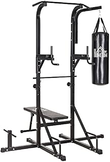 HOMCOM Home Gym Power Tower with Bench and Punching Bag, Multi-Function Adjustable Dip Sit Up Workout Station Equipment Heavy Duty for Home
