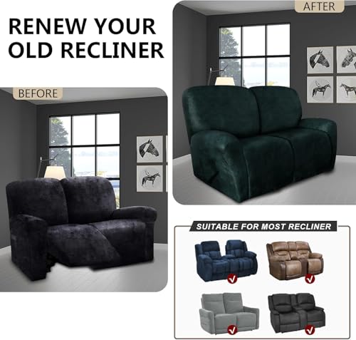Image of molasofa Loveseat Recliner Slipcover - 6 Pieces Stretch Leather Like Recliner Sofa Cover for 2 Seat Dual Reclining Loveseat Couch with Elastic Bottom (Green)