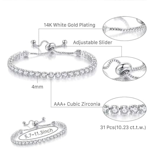 14K Silver Plated Tennis Bracelet Set Cubic Zirconia Classic Adjustable Bracelet Silver Bracelets for Women Birthday Mother's Day Wedding Gift3