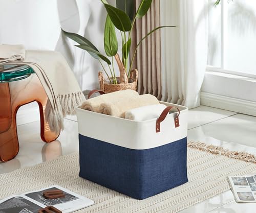 Image of DECOMOMO Large Storage Baskets | Closet Storage Bins 17x12x13inch Canvas Baskets For Storage Laundry Nursery Toys Cloth Linen (Navy Blue & White , XXL - 3 Pack)