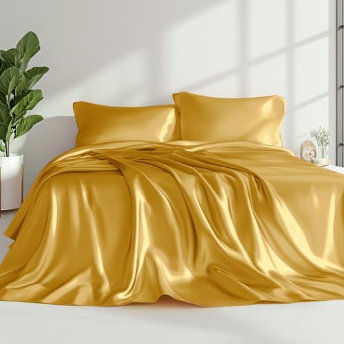 Love's cabin Full Size Satin Sheet Sets - 4 Piece Gold Silky Sheet Set with Deep Pocket, Luxury Silk Feel Satin Sheets Full Bedding Set (1 Flat Sheet,1 Fitted Sheet,2 Pillow Cases)