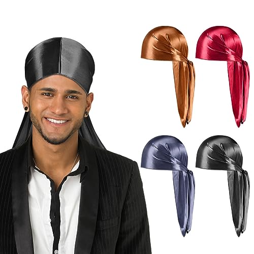 Aomig Durag Hombre y Mujer, 4pcs Pañuelo Cabeza de Accesorios Pirata, Pañuelo Pirata Transpirable con Cola Larga Correas Anchas, Gorro Pirata para Halloween Cosplay Hip-Hop y Accesorio Diario Moda