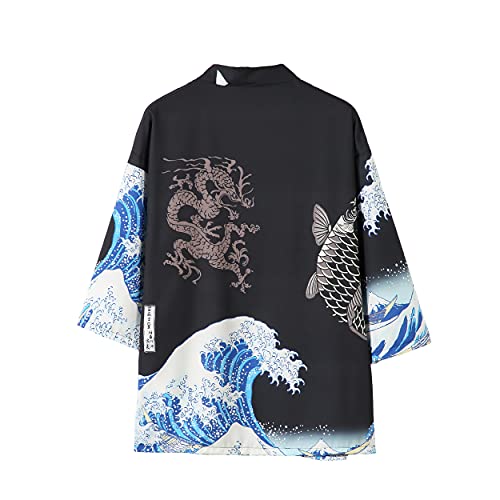 Image of PRIJOUHE Mens Kimono Set Japanese Haori & Shorts 2 Piece Summer Outfits | Silky Polyester 3 /4 Sleeve Yukata Cardigan Suit Loose Happi Coat Elastic Waist Beach Casual Daily Vacation Lounge Sleepwear