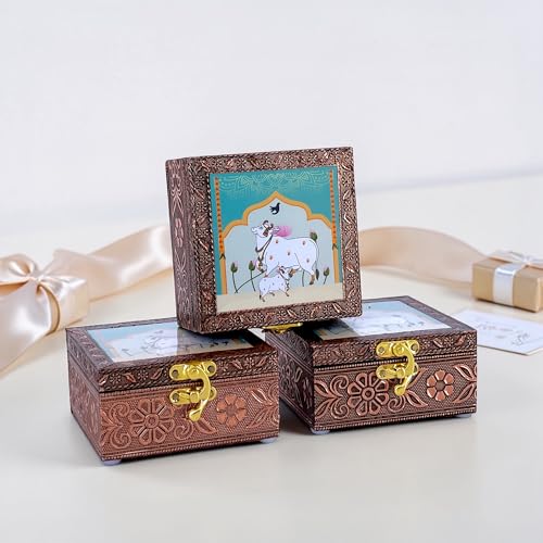 Image of Handcrafted Wooden Jewellery Box Copper Metal Finish (4 x 4 inch) - Pack of 3 | Oxidized Pichwai Cow Design | Decorative Organizer | Storage Box for Women Puja Festive Gifting | Sacred Teal