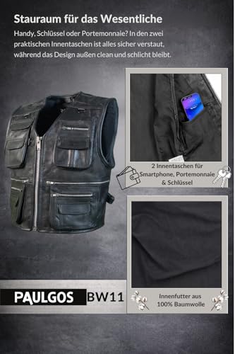 PAULGOS Lederweste Weste Kutte Leder Biker Rocker Motorrad Clubweste Bikerweste Motorradweste Schwarz BW11 (DE/NL/SE/PL, Alphanumerisch, S, Regular, Regular, Schwarz)