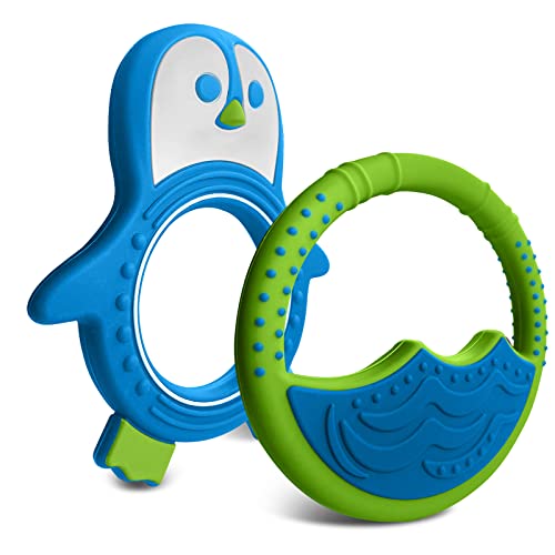 Baby Teething Toys for Newborn, Infants 0-6 Months Silicone Teethers for Babies 6-12 Months BPA Free (Penguin - Blue &amp; Green)